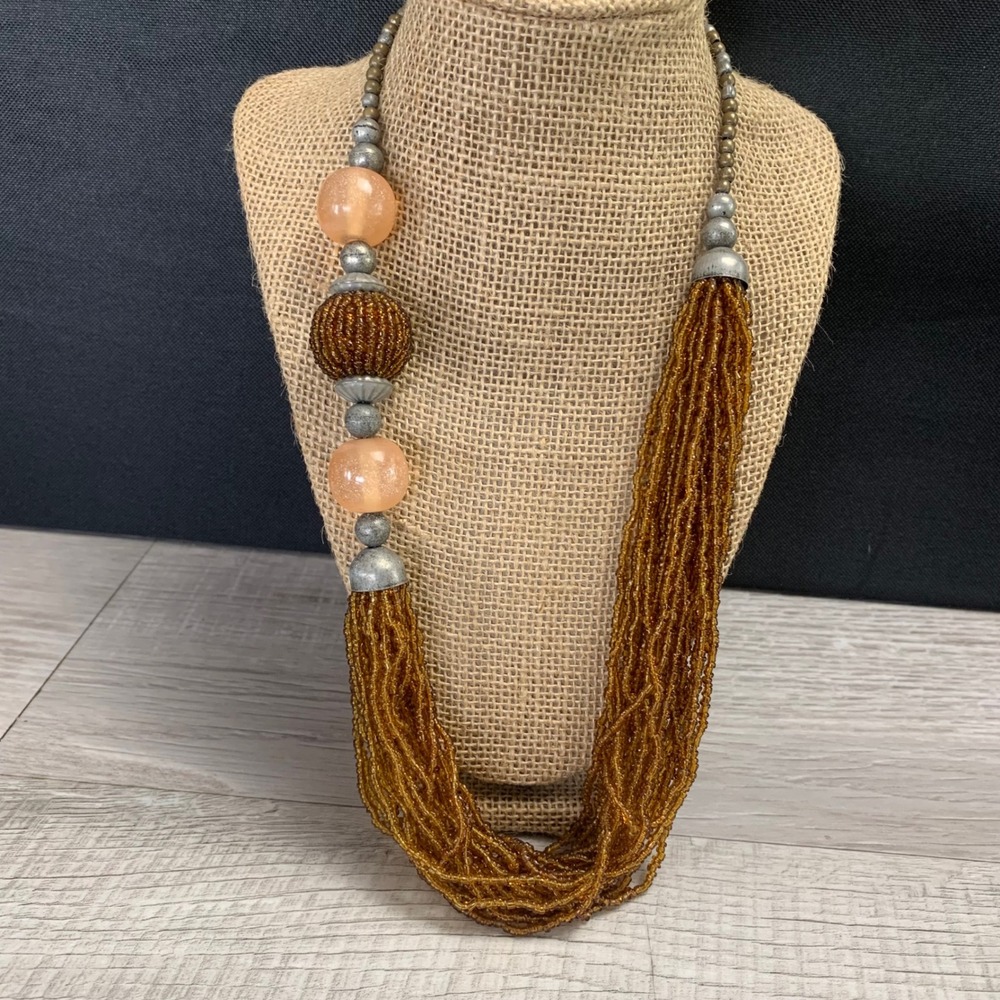 Boho Multi Strand Seed Bead Necklace Amber Brown Peach Statement 24 Inch